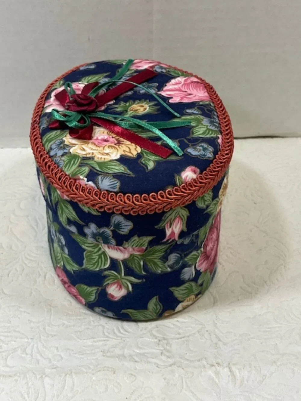 VTG Oval 2-Piece Floral Padded Fabric-Covered Storage Trinket Sewing JewelryBox